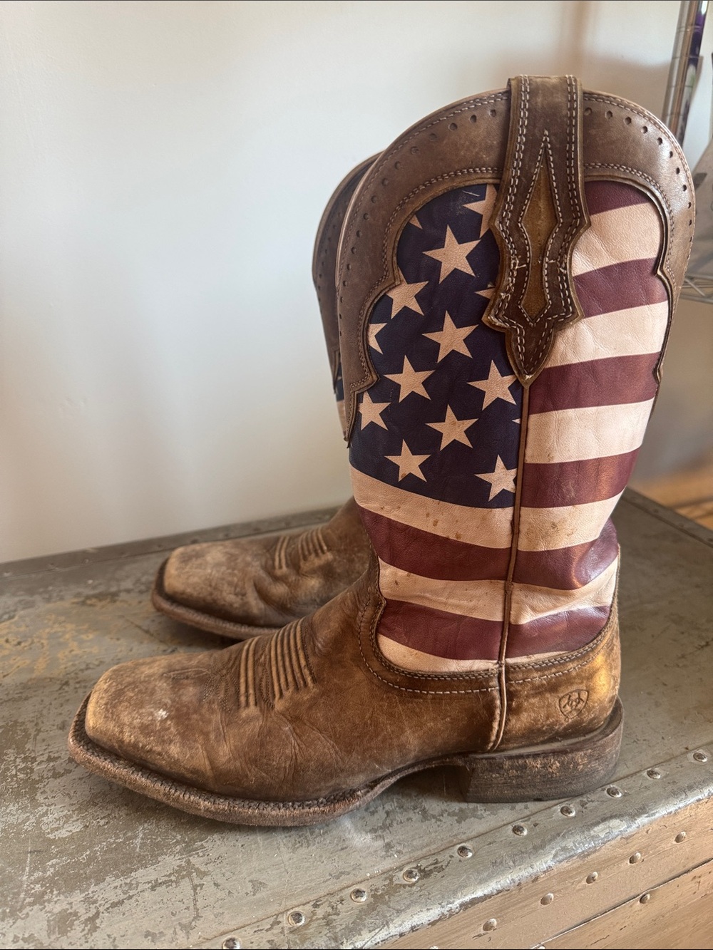 Ariat Brown Leather Cowboy Boots with American Flag Shaft